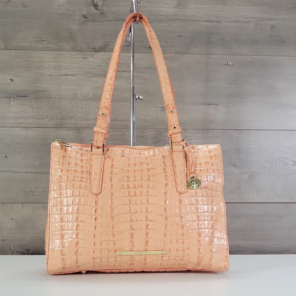 Brahmin Croc-Embossed Leather Tote Bag in Peach